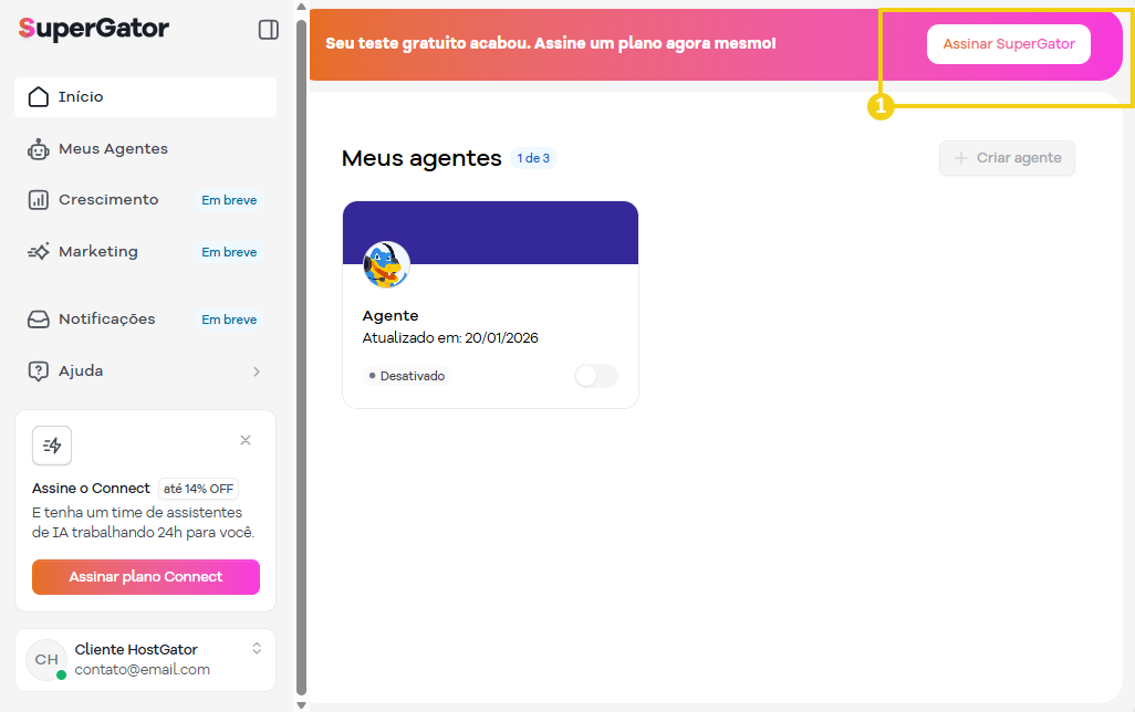 Imagem mostra o painel do SuperGator e na mensagem avisando que o teste gratuito acabou, sinalizado para clicar no botão “Assinar SuperGator” 