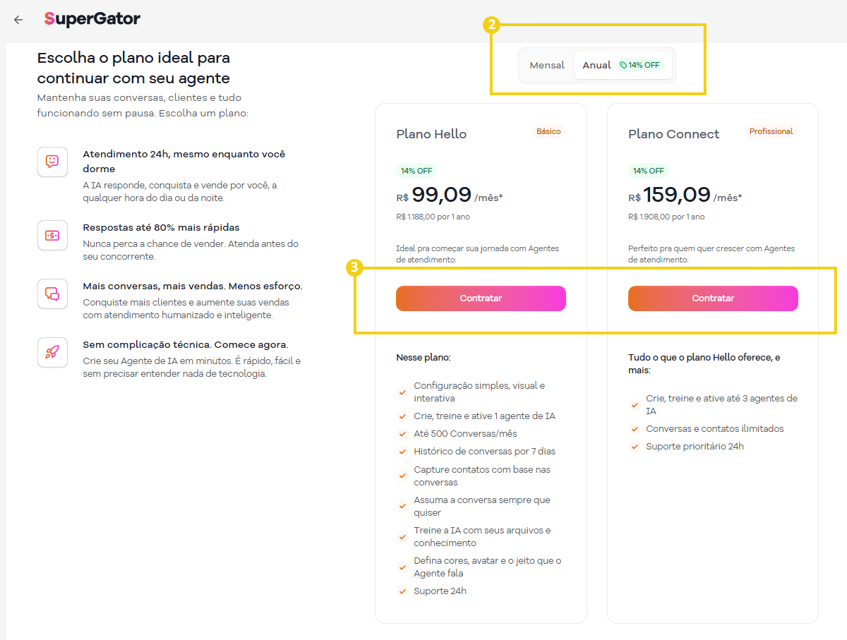 Imagem mostra a tela do SuperGator com as opções de planos para a contratação, são exibidas as características, informações e com a marcação na opção de escolher a recorrência do pagamento e o botão “Contratar” nos planos