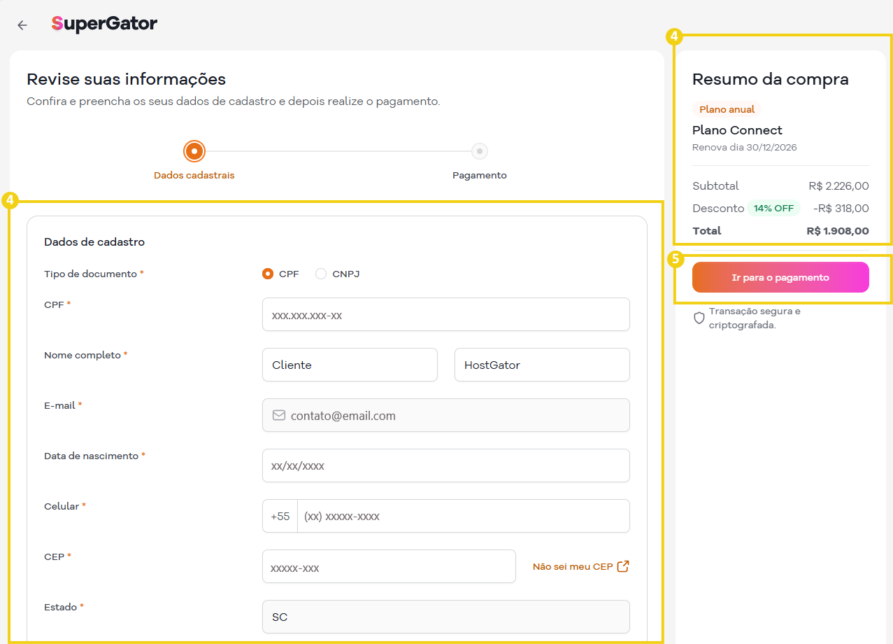 Imagem mostra a tela do Supergator para revisar as informações cadastrais e verificar o resumo da compra com os dados sobre o plano, data de renovação e valor 