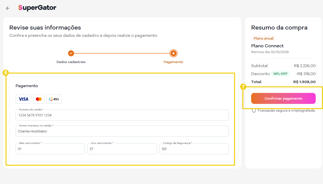 Imagem mostra a tela do SuperGator para cadastrar os dados do cartão de crédito e confirmar o pagamento 