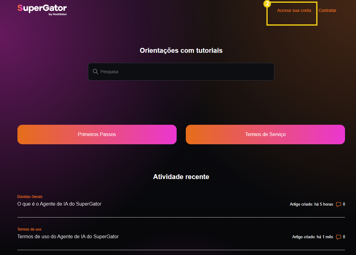 Imagem mostra a página da Central de Ajuda com a marcação no botão “Acesse sua conta”