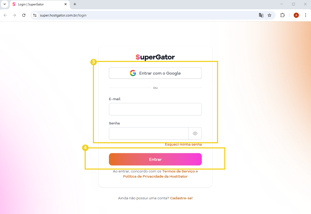 Imagem mostra a tela de login do Painel&nbsp;SuperGator&nbsp;para preencher o e-mail e senha ou entrar com o Google&nbsp;