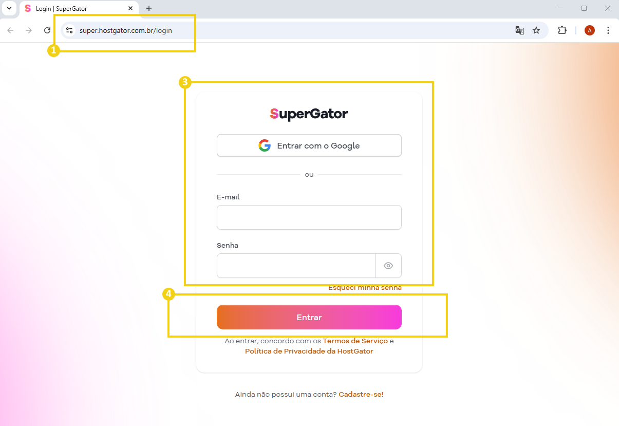 Imagem mostra o navegador com o link do&nbsp;SuperGator&nbsp;e a tela login para preencher o e-mail e senha ou entrar com o&nbsp;Google