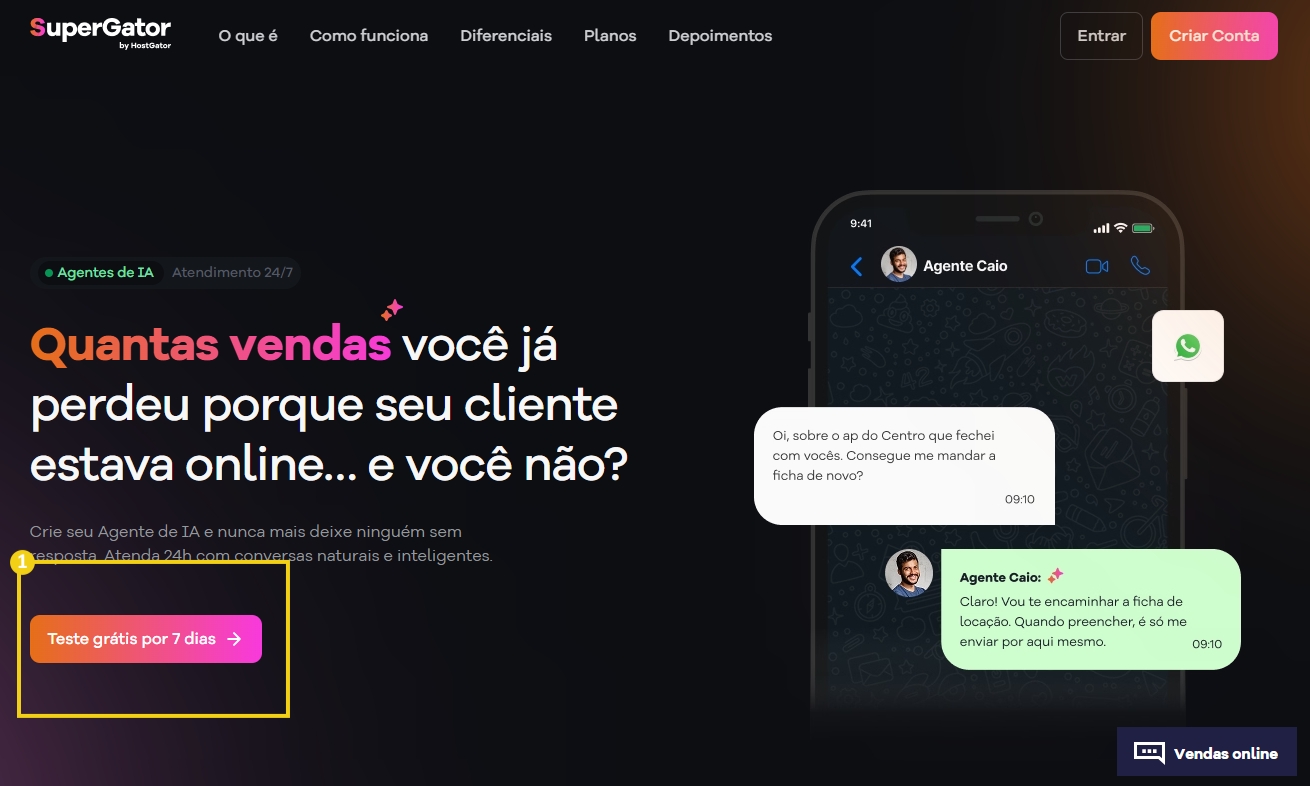Imagem de uma tela de smartphone com conversa de atendimento ao cliente, promovendo plataforma de vendas online e inteligência artificial para negócios.