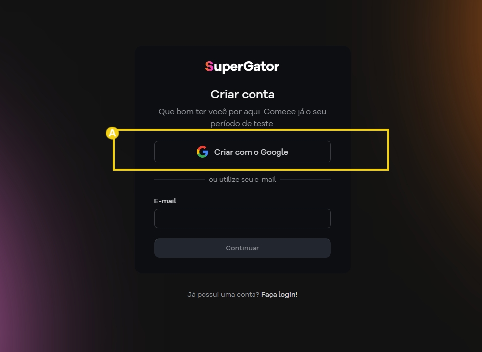 Tela de cadastro no site SuperGator com opção de criar conta usando Google