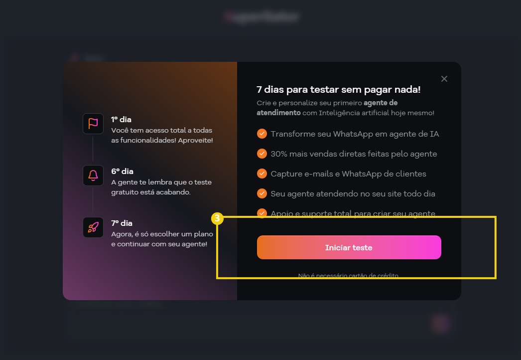 Imagem ilustrativa de plataforma de teste gratuito com destaque na opção de iniciar o teste e instruções para criar um agente de IA para atendimento ao cliente.