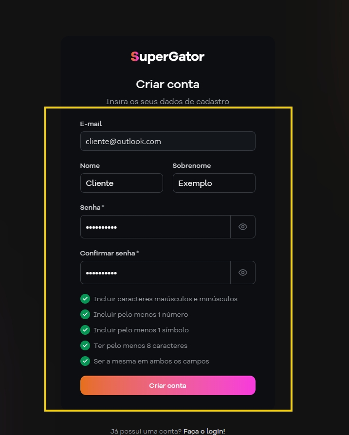 Tela de cadastro de usuário no site SuperGator em destaque, com formulário para inserir dados pessoais, senha e confirmação de senha, além de botão para criar conta.