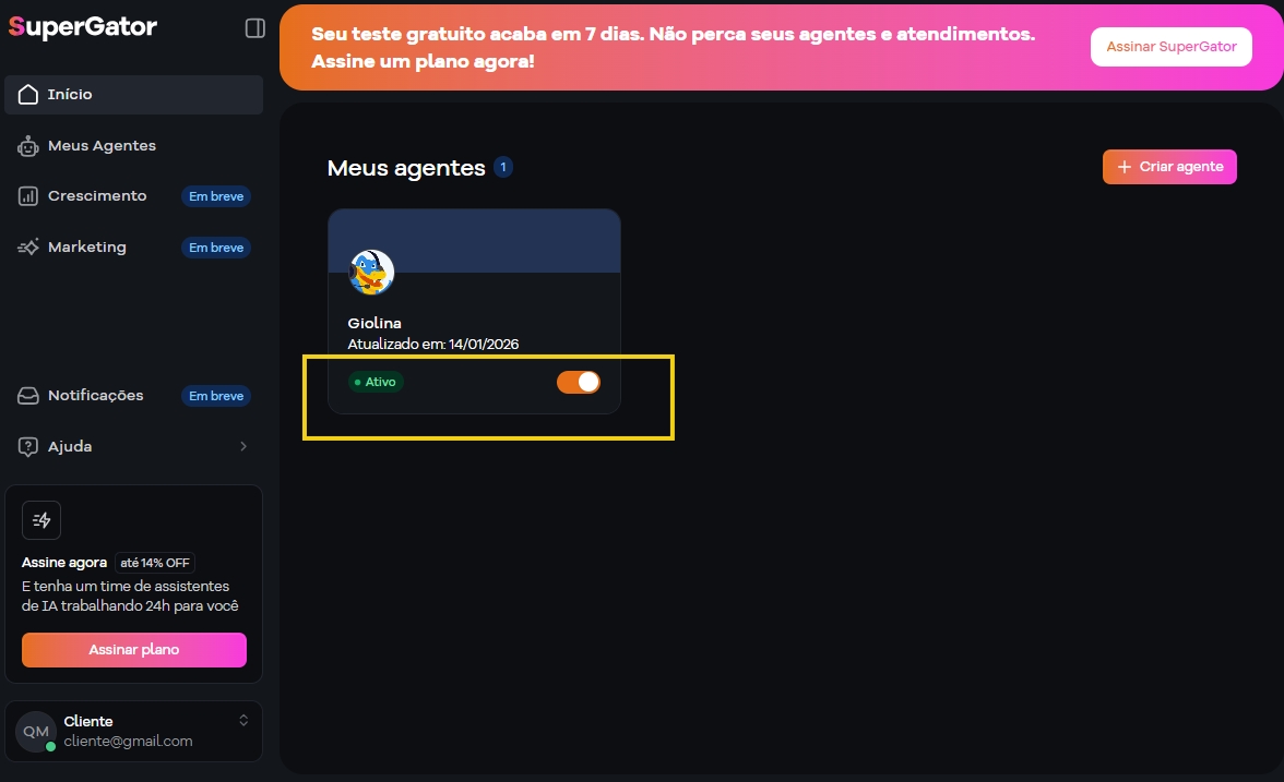 Tela do painel do SuperGator mostrando um agente ativo chamado Giolina, atualizado em 14/01/2026, com destaque para o status de agente online.