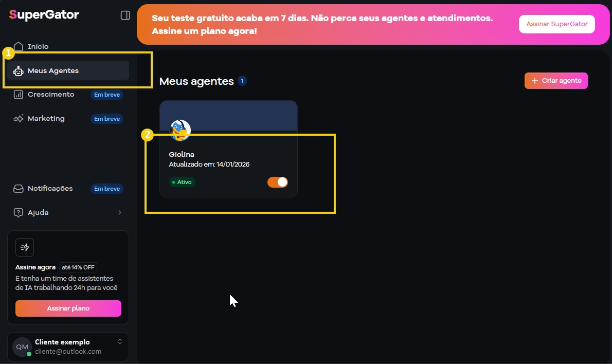 Tela do painel de gerenciamento de agentes com destaque para a opção Meus agentes, onde um agente chamado Gliolina está ativo, na plataforma SuperGator, voltada para automação de atendimento ao cliente.
