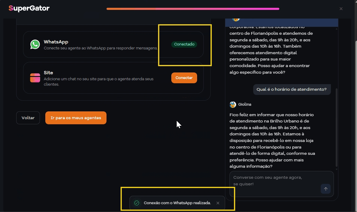 Imagem mostrando a conexão ativa no WhatsApp, ambiente digital com foco em suporte ao cliente, atendimento online e comunicação eficiente.