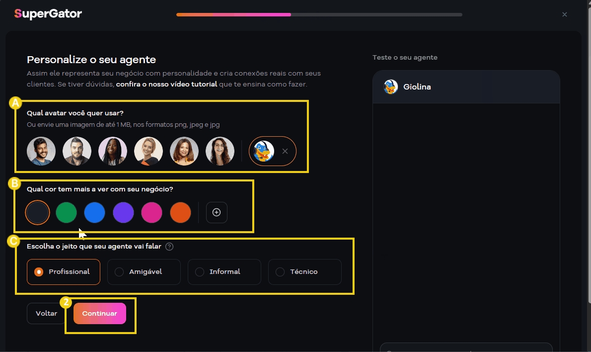Imagem de um painel de gestão de inteligência artificial para personalizar agentes virtuais, incluindo opções de avatar, cor, estilo de fala e avanço de configuração.
