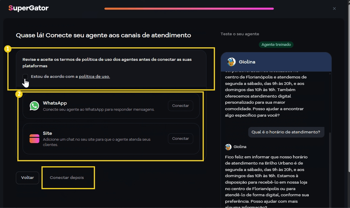 Imagem de uma tela de atendimento online da plataforma SuperGator, com opções de conexão via WhatsApp e site, além de informações sobre horário de atendimento ao cliente.