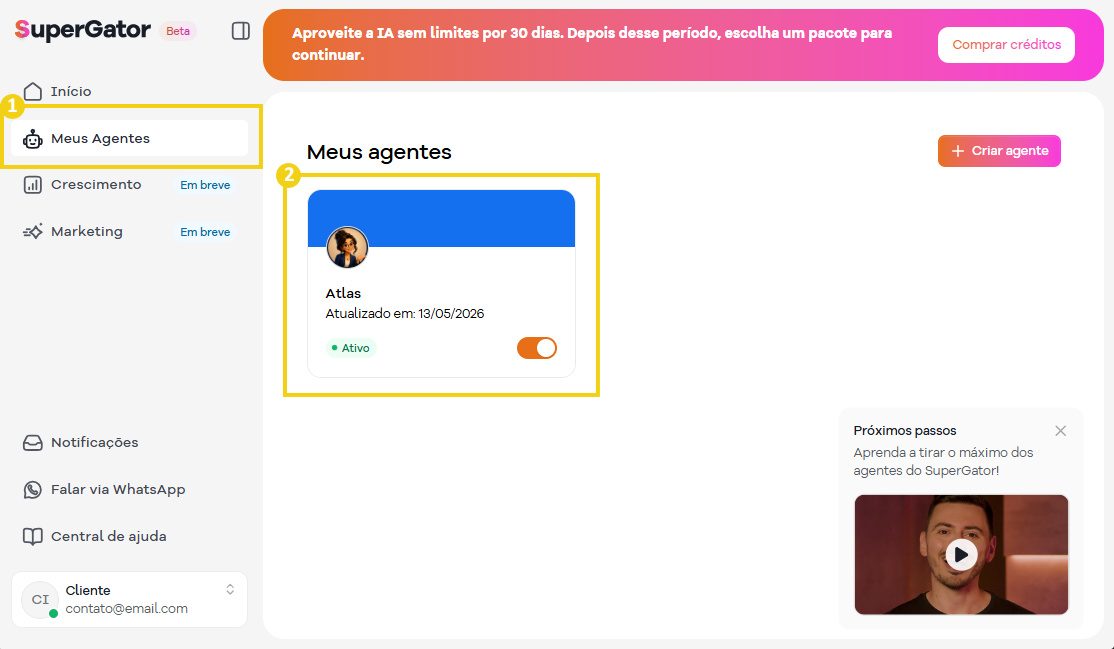 Tela do painel de gerenciamento de agentes com destaque para a opção Meus agentes, onde um agente chamado Gliolina está ativo, na plataforma SuperGator, voltada para automação de atendimento ao cliente.