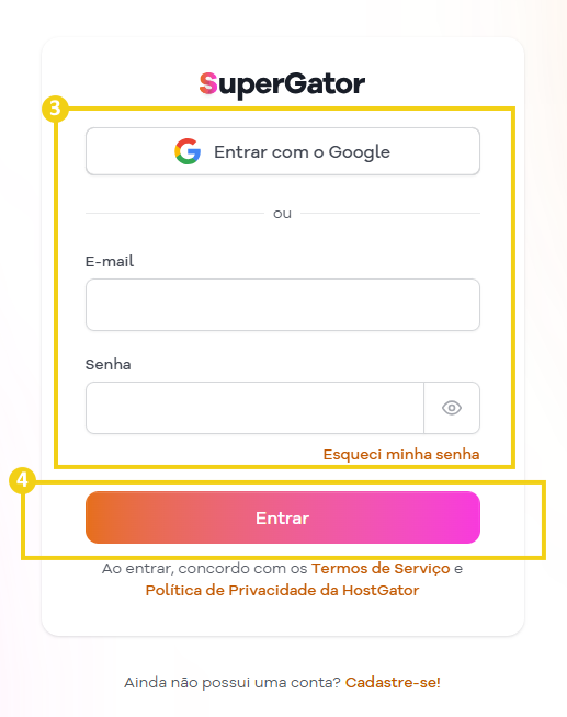 Imagem mostra a tela de login do Painel SuperGator para preencher o e-mail e senha ou entrar com o Google&nbsp; 