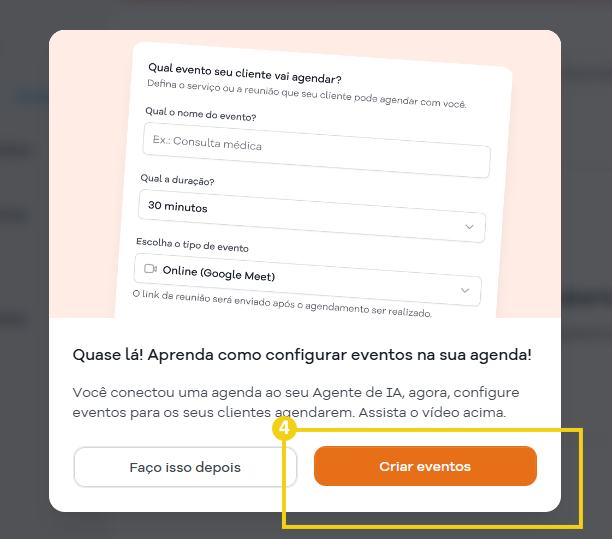 Imagem mostra a janela com informações e o botão "Criar eventos"