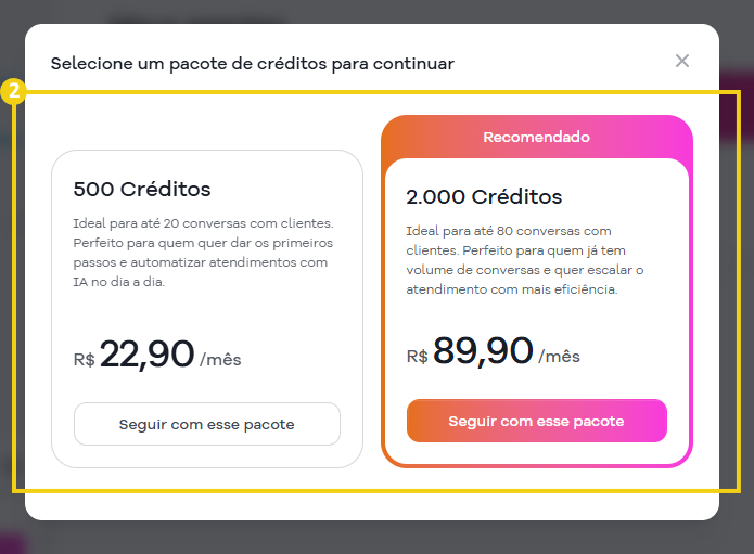 Imagem mostra os pacotes disponíveis para contratação