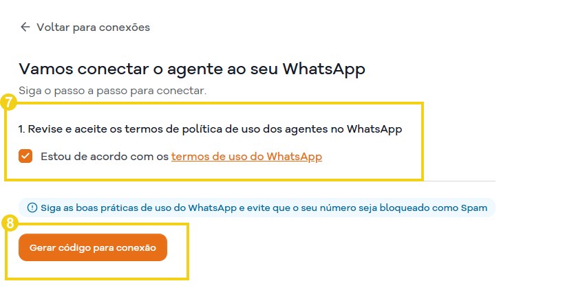 Imagem mostra a tela para aceitar os termos e gerar o código para conexão