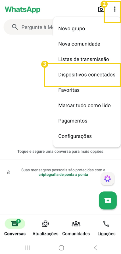 Imagem mostra a tela do WhatsApp para acessar os dispositivos conectados