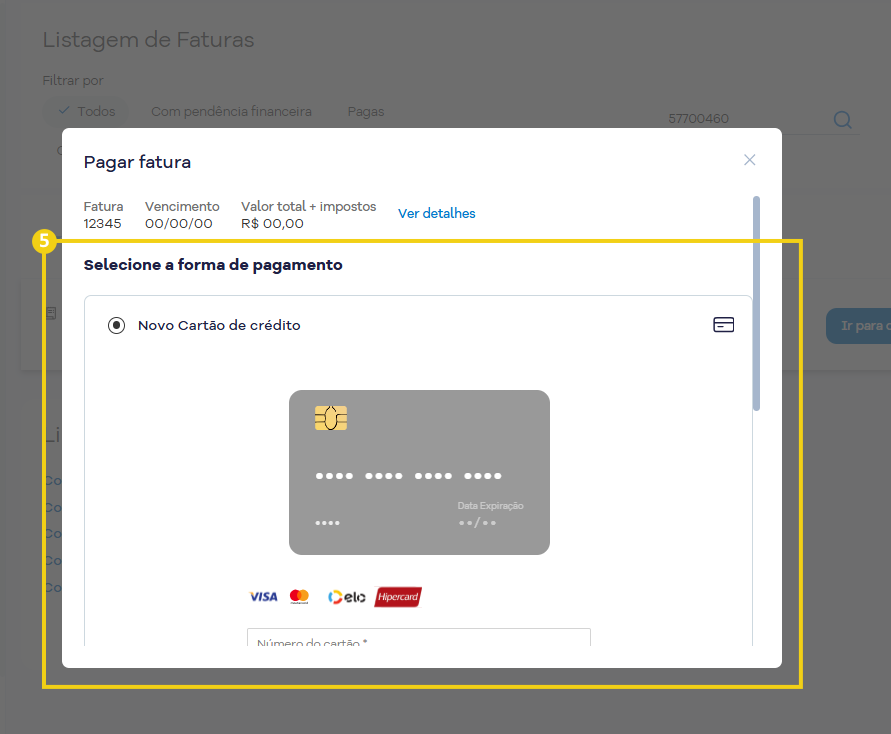Imagem mostra a tela de faturas para escolher a forma de pagamento e concluir o pedido