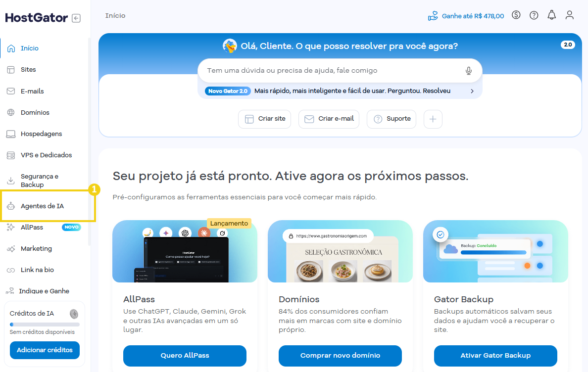 Imagem mostra a tela do Portal do Cliente da HostGator, com marcação em "Agentes de IA"