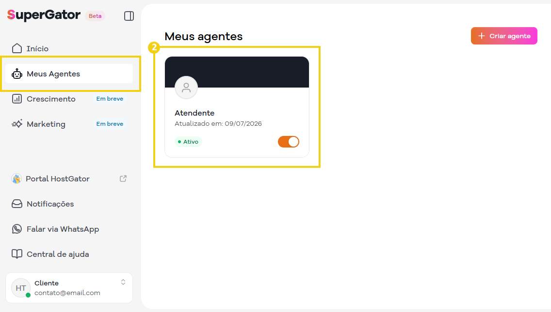 Imagem mostra a tela do painel do SuperGator com a marcação no fluxo de acesso ao agente